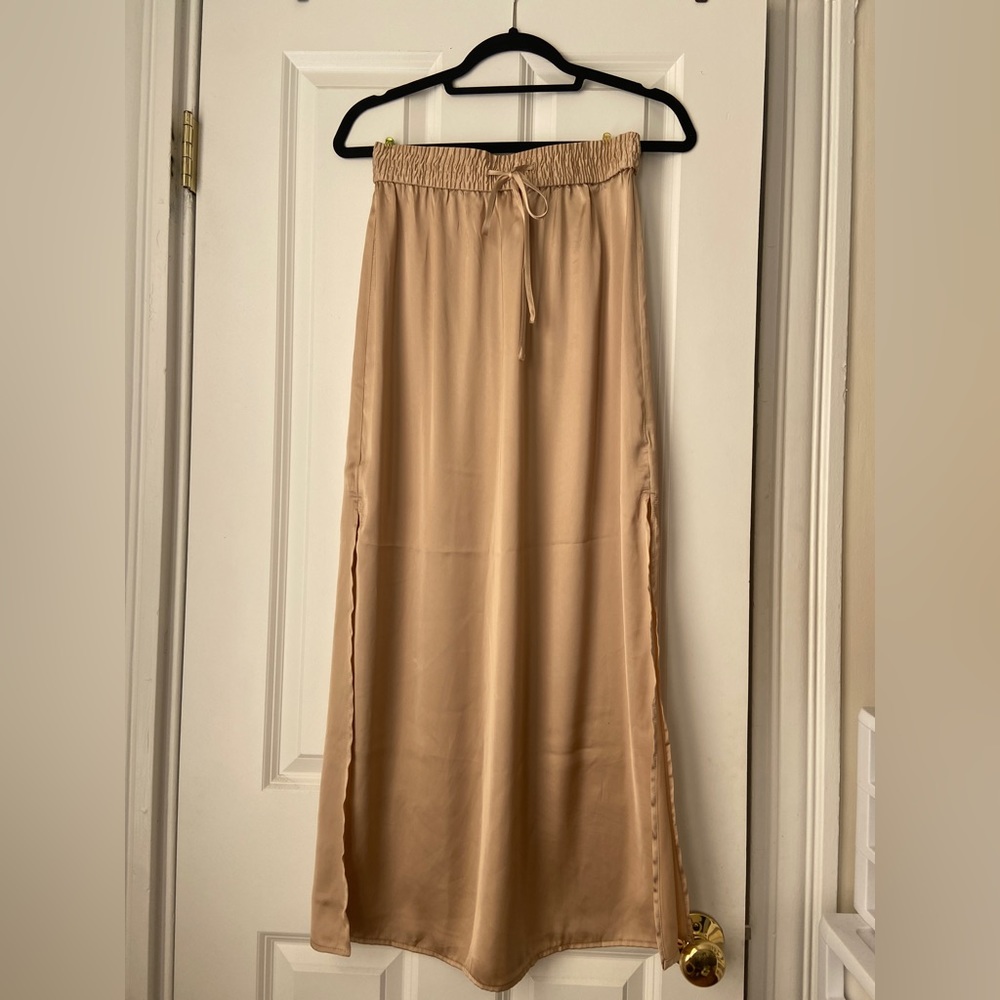 Gold satin maxi slit skirt